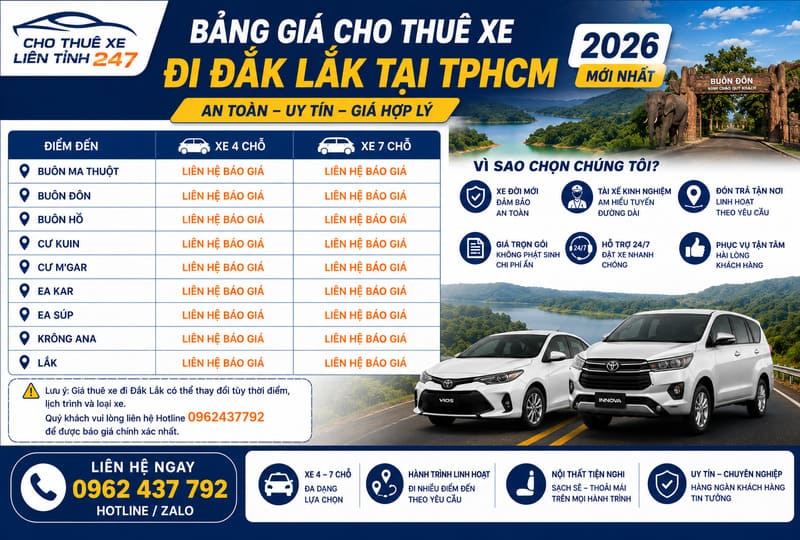 Bảng giá cho thuê xe đi Đắk Lắk tại TPHCM Bảng giá cho thuê xe đi Đắk Lắk tại TPHCM