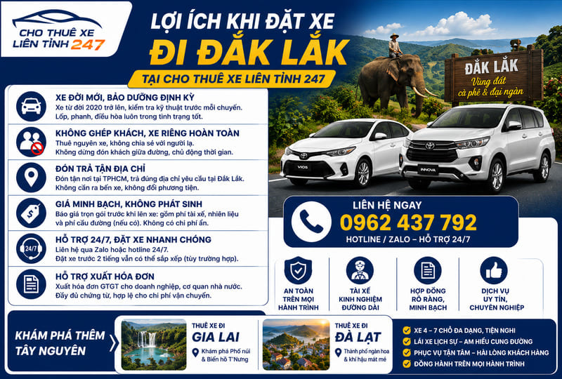 Lợi ích khi đặt xe đi Đắk Lắk tại Cho Thuê Xe Liên Tỉnh 247 Lợi ích khi đặt xe đi Đắk Lắk tại Cho Thuê Xe Liên Tỉnh 247