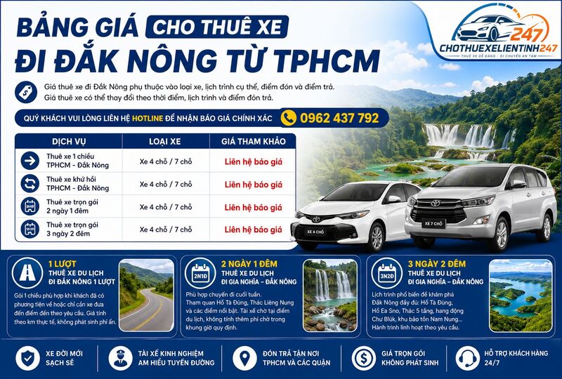 Bảng giá cho thuê xe đi Đắk Nông từ TPHCM Bảng giá cho thuê xe đi Đắk Nông từ TPHCM