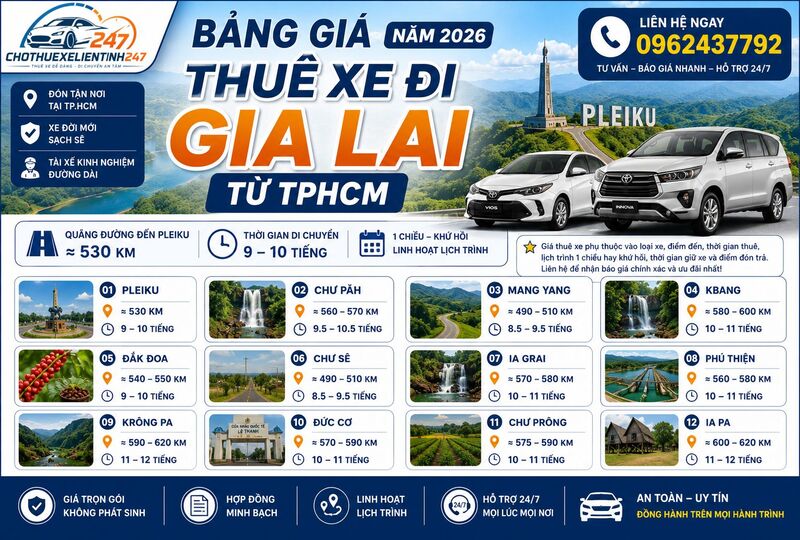 Bảng giá cho thuê xe đi Gia Lai tại TPHCM năm 2026