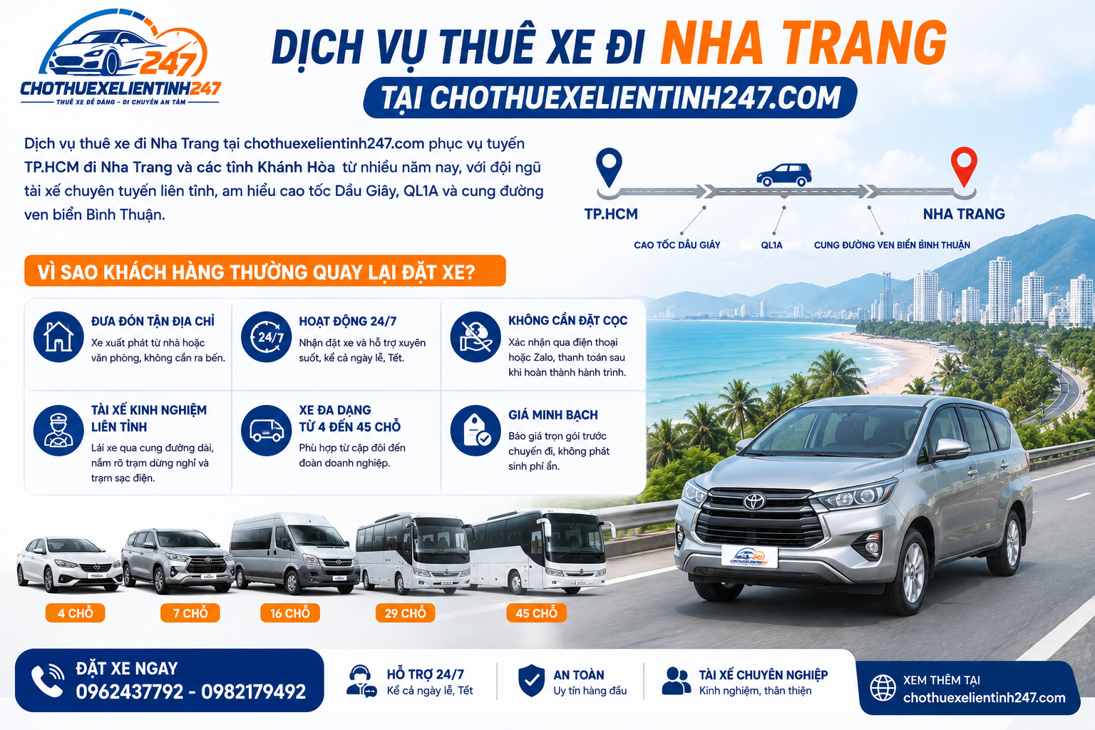 Dịch vụ thuê xe đi Nha Trang tại chothuexelientinh247.com