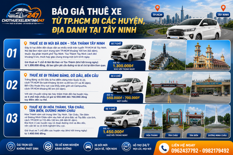 Bảng báo giá thuê xe từ TP.HCM đi các huyện và địa danh tại Tây Ninh