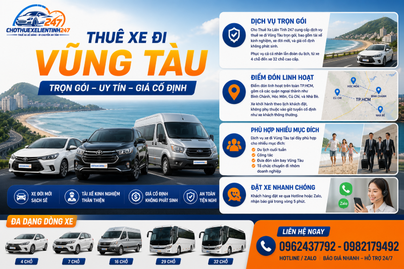 Dịch vụ cho thuê xe đi Vũng Tàu có tài xế tại chothuexelientinh247.com