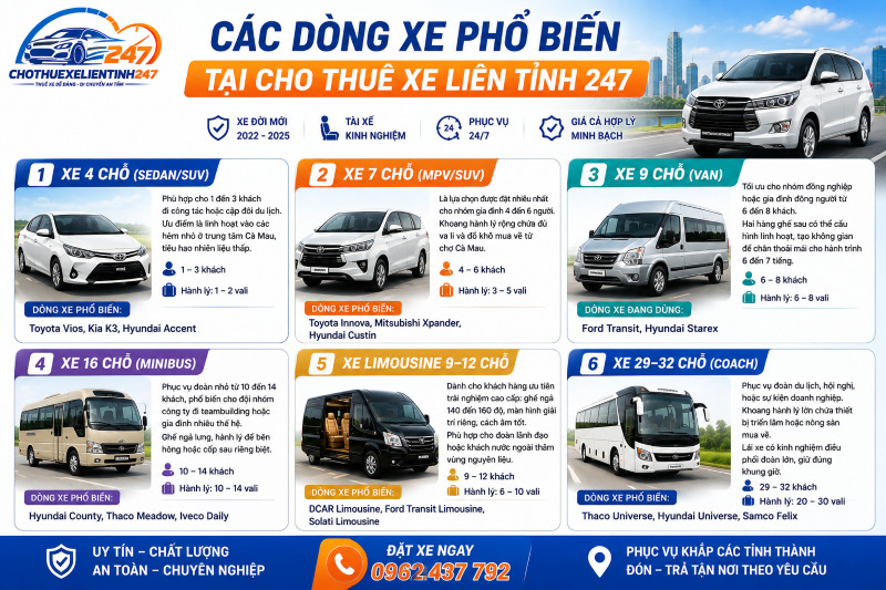 Các dòng xe phục vụ tuyến TP.HCM – Bạc Liêu tại Cho Thuê Xe Liên Tỉnh 247