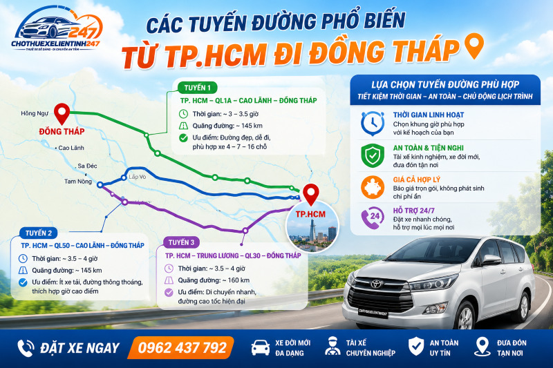Các tuyến đường phổ biến từ TP.HCM đi Đồng Tháp
