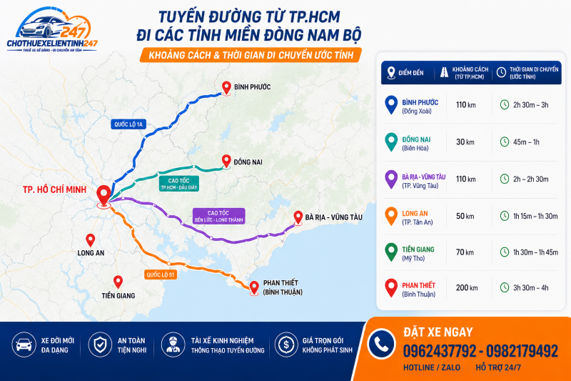 Bản đồ tuyến thuê xe Sài Gòn đi Miền Đông Bình Dương - Đồng Nai - Vũng Tàu