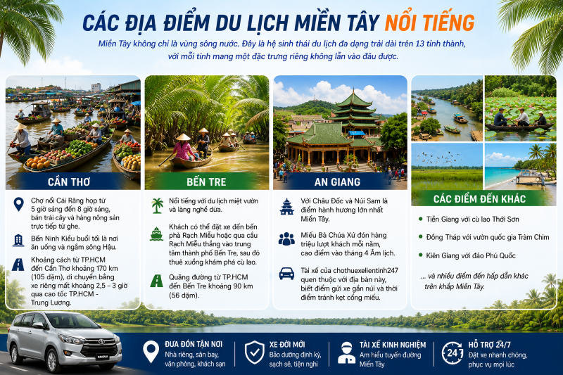 Các địa điểm du lịch Miền Tây nổi tiếng được khách đặt xe thường xuyên