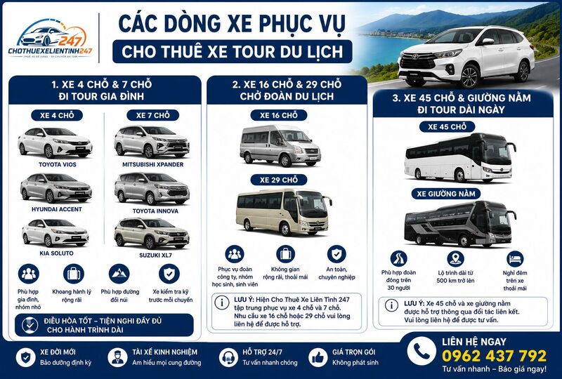 Các dòng xe phục vụ cho thuê xe tour du lịch Các dòng xe phục vụ cho thuê xe tour du lịch