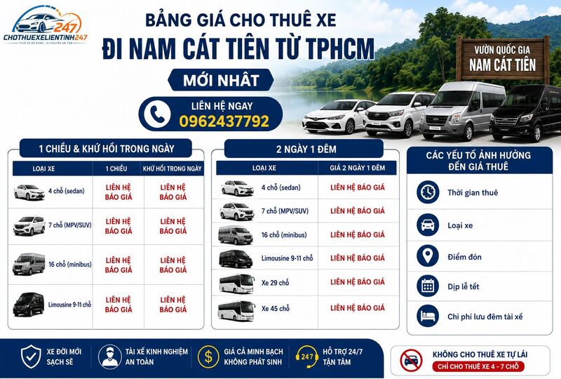Bảng giá cho thuê xe đi Nam Cát Tiên từ TPHCM Bảng giá cho thuê xe đi Nam Cát Tiên từ TPHCM