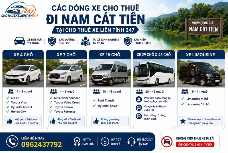 Các dòng xe cho thuê đi Nam Cát Tiên tại Cho Thuê Xe Liên Tỉnh 247 Các dòng xe cho thuê đi Nam Cát Tiên tại Cho Thuê Xe Liên Tỉnh 247