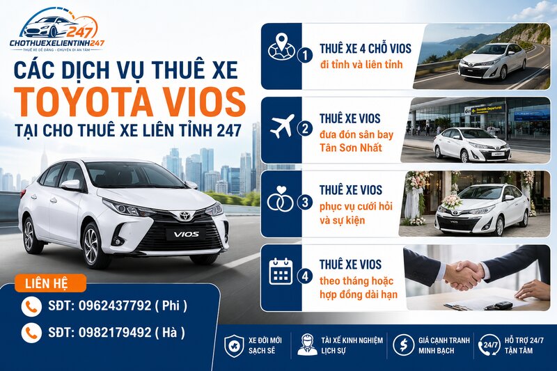 Các dịch vụ thuê xe Toyota Vios tại Cho Thuê Xe Liên Tỉnh 247 Các dịch vụ thuê xe Toyota Vios tại Cho Thuê Xe Liên Tỉnh 247
